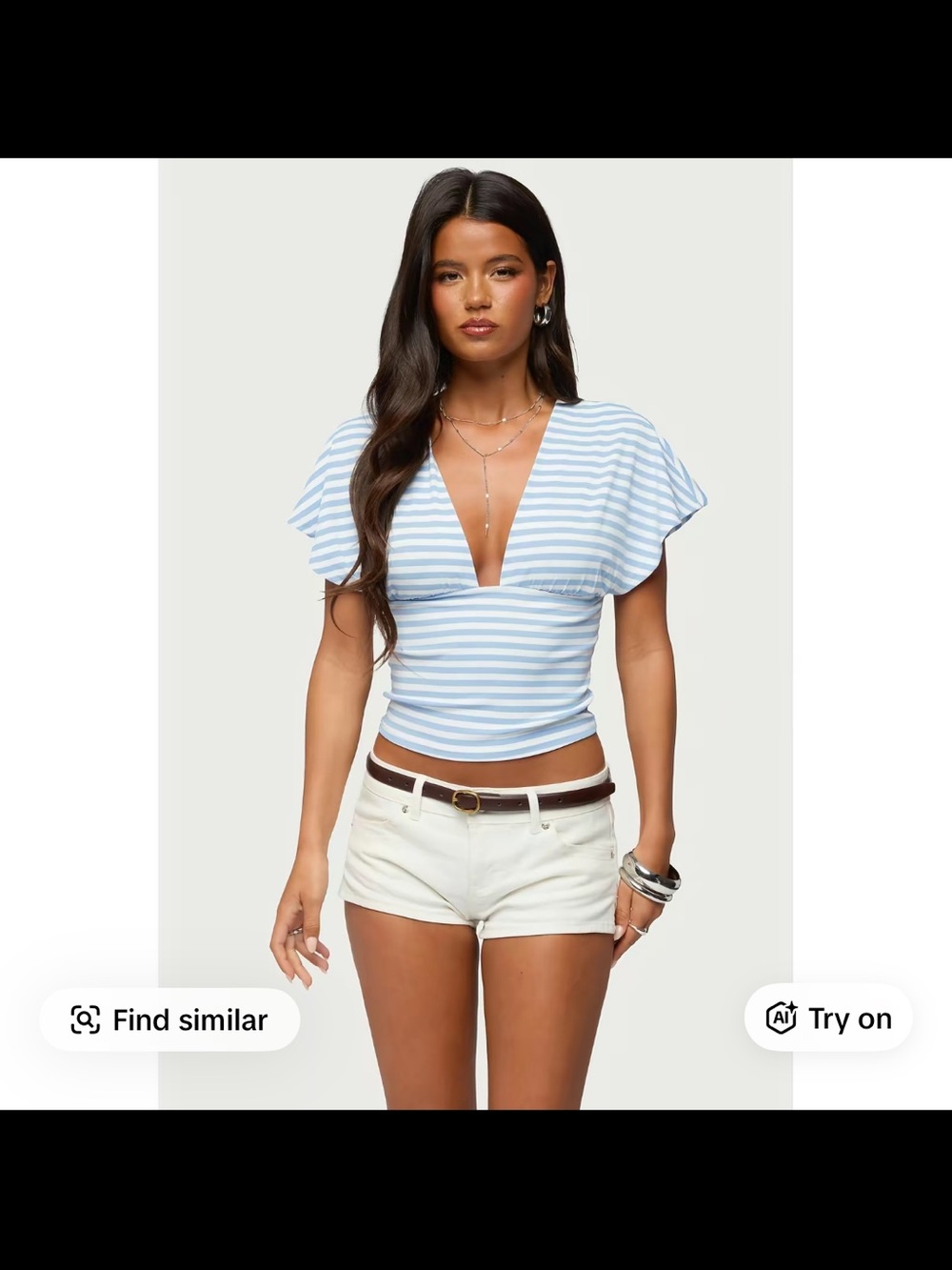 Edikted Light Blue and White Striped Deep V Flutter Sleeve Top